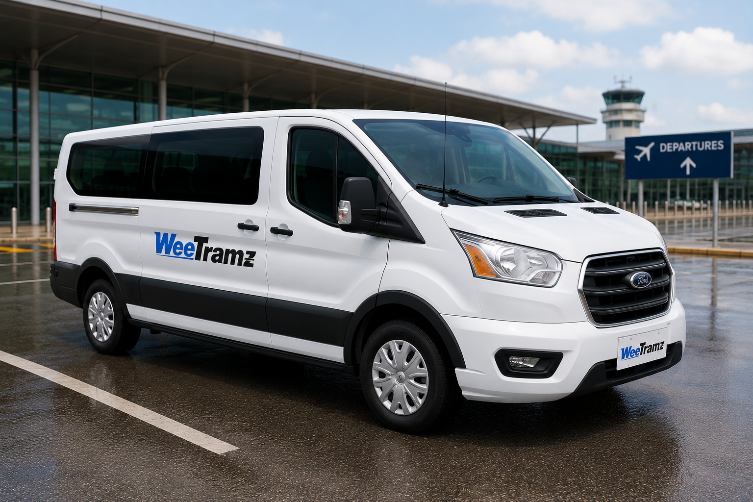 WeeTramz private van at Raleigh-Durham International Airport departures area.